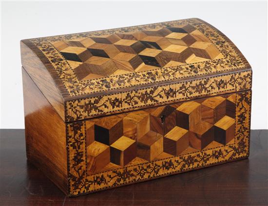 A 19th century Tunbridgeware rosewood perspective cube stationery box, 8.25in.